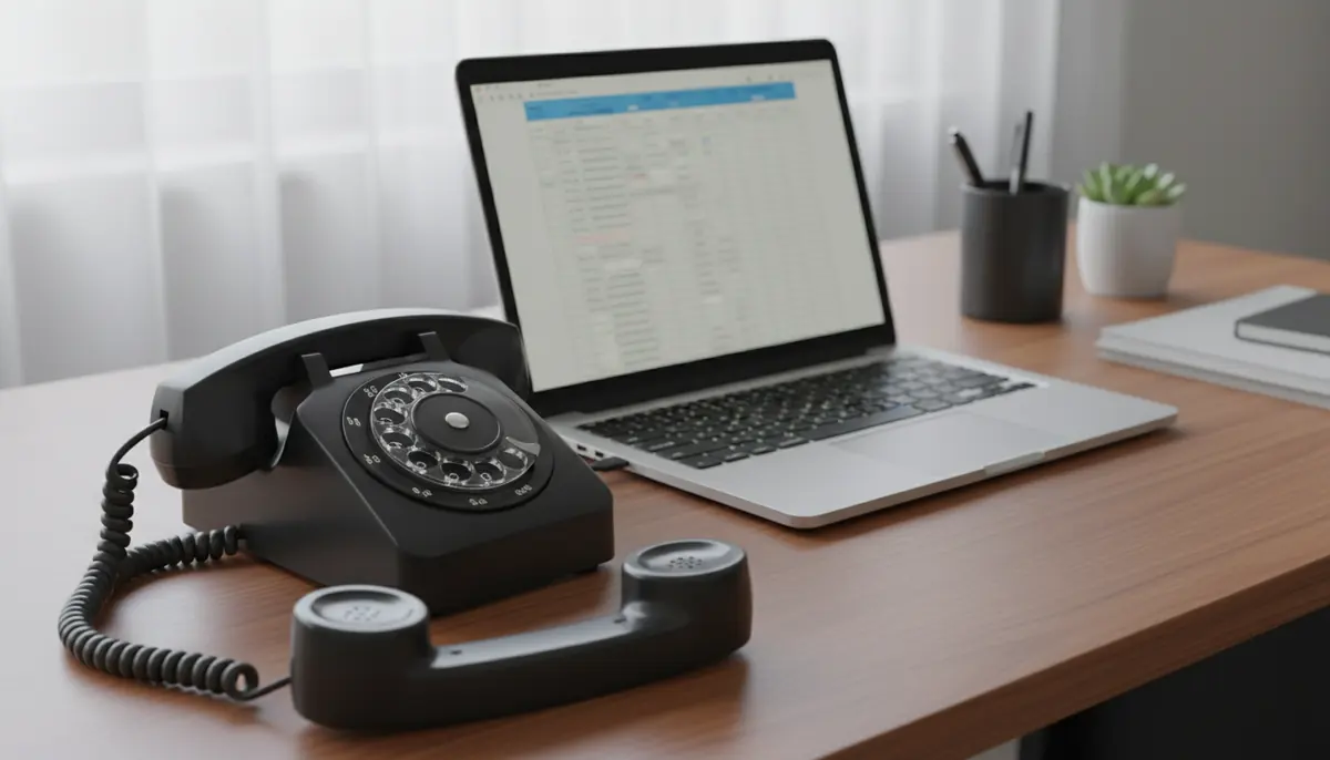 Fone de telefone de mesa fora do gancho ao lado de um notebook aberto