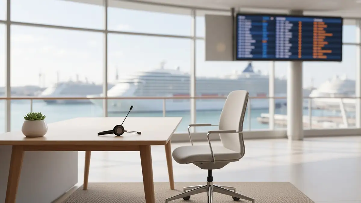 Balcão vazio de terminal com um headset sobre a madeira e um painel de embarque desfocado ao fundo