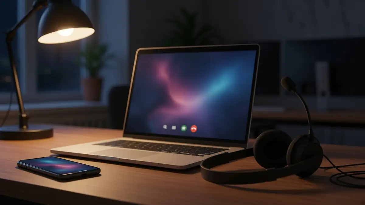 Notebook e celular sobre uma mesa de madeira à noite, com a tela sem texto legível