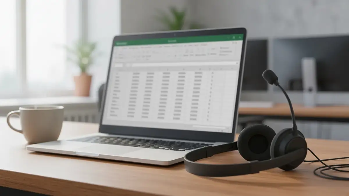 Mesa de trabalho com um notebook cuja planilha está ilegível e uma xícara de café ao lado