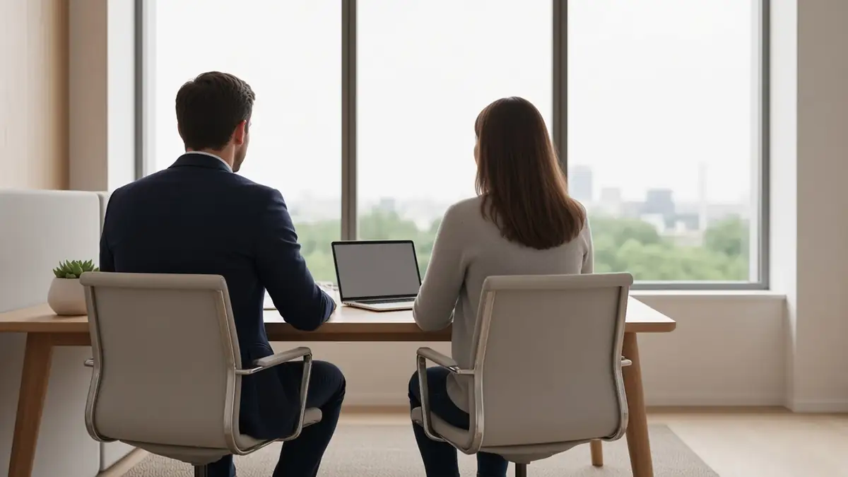 Duas pessoas de costas numa sala clara, diante de um notebook, numa conversa que parece rotina
