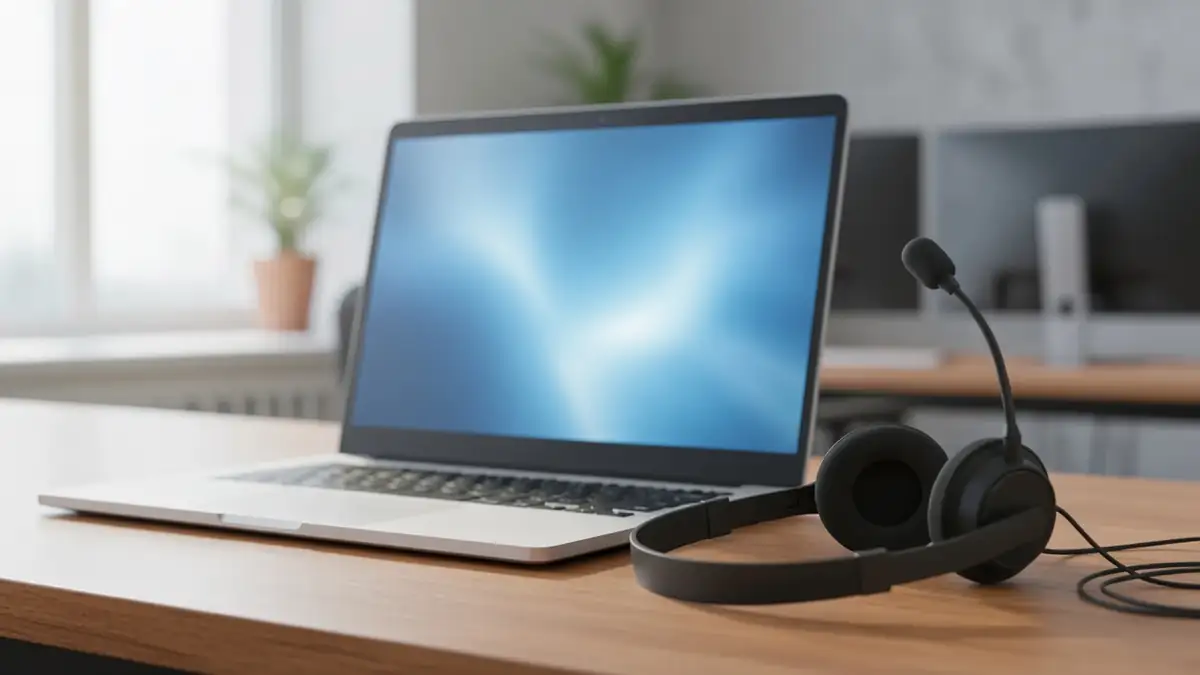 Dois headsets sobre uma mesa longa e vazia, com o brilho frio de uma tela ao fundo