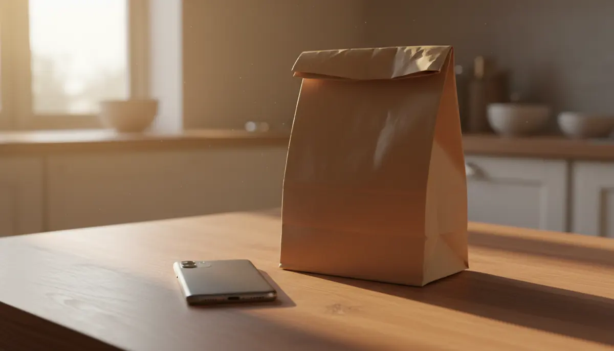 Celular virado para baixo sobre mesa de madeira ao lado de uma sacola de papel
