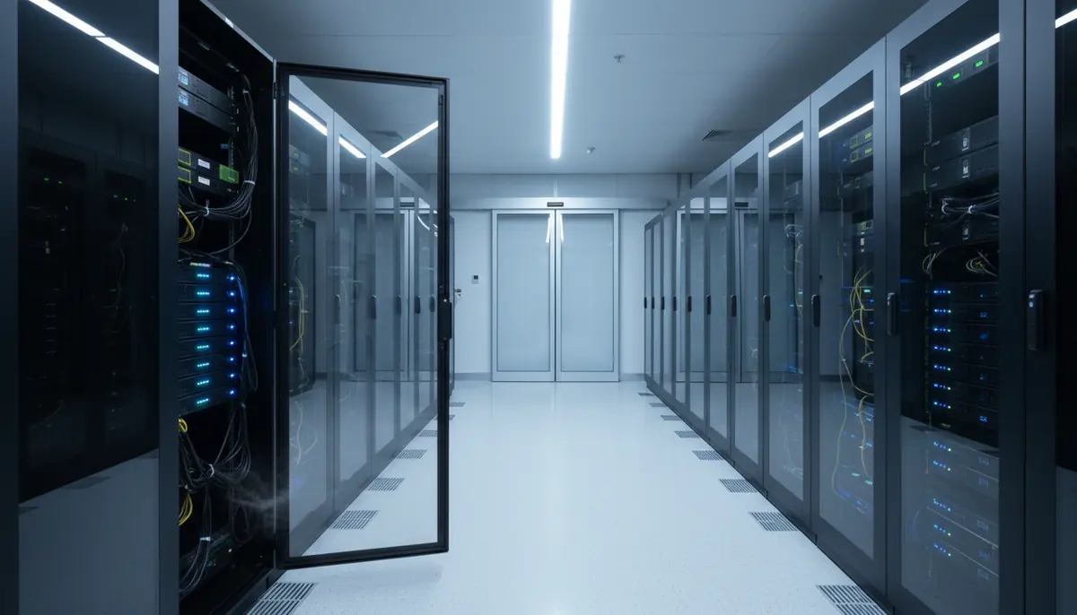 Corredor de sala de servidores à noite com a porta de um rack entreaberta