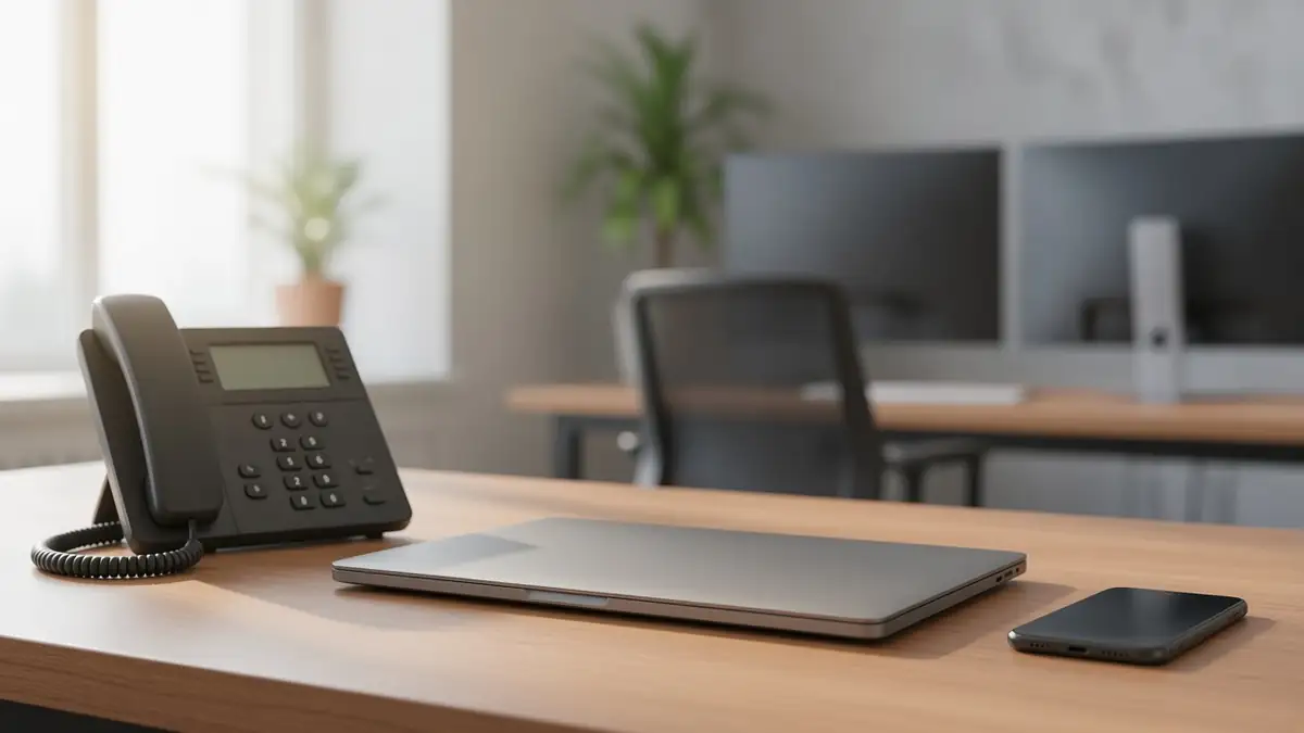 Mesa com telefone fixo, notebook fechado e celular virado para baixo sob a luz da manhã