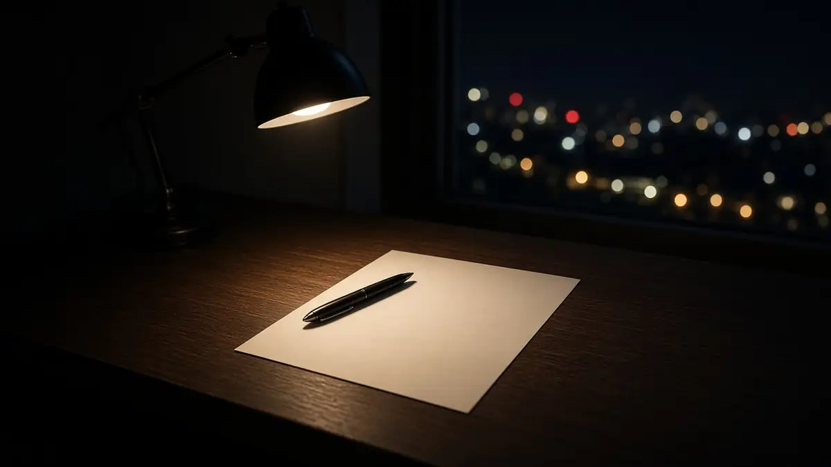 Luminária sobre uma folha em branco e uma caneta, numa mesa escura à noite