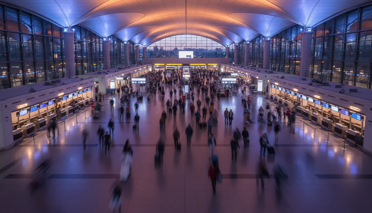 Saguão de check-in de aeroporto ao entardecer com passageiros desfocados em movimento