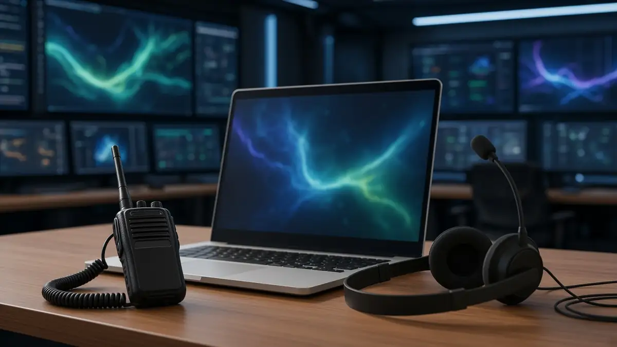 Sala de controle de transporte vazia, com um rádio, um notebook e um headset sobre a mesa