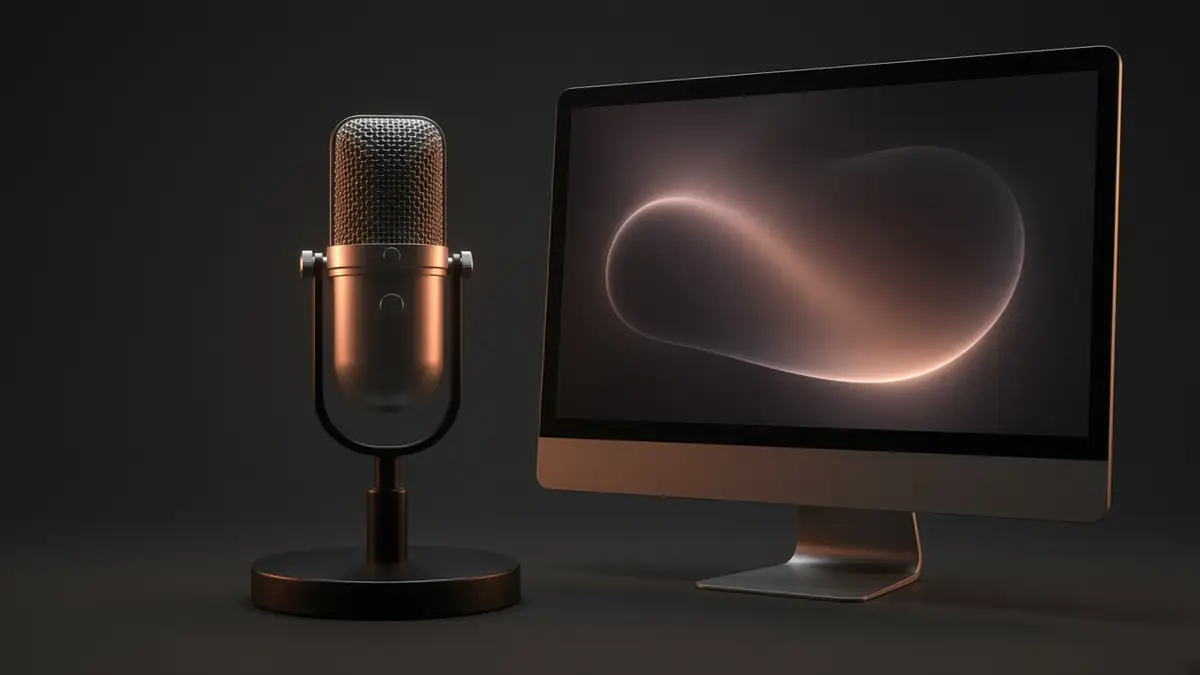 Microfone de estúdio ao lado de um monitor com uma forma humana abstrata, sem rosto reconhecível
