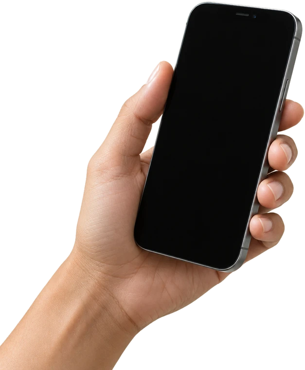 Mão segurando um celular com a tela apagada