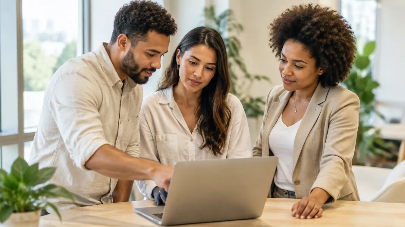 Três colegas de trabalho olhando juntos a tela de um laptop num escritório claro
